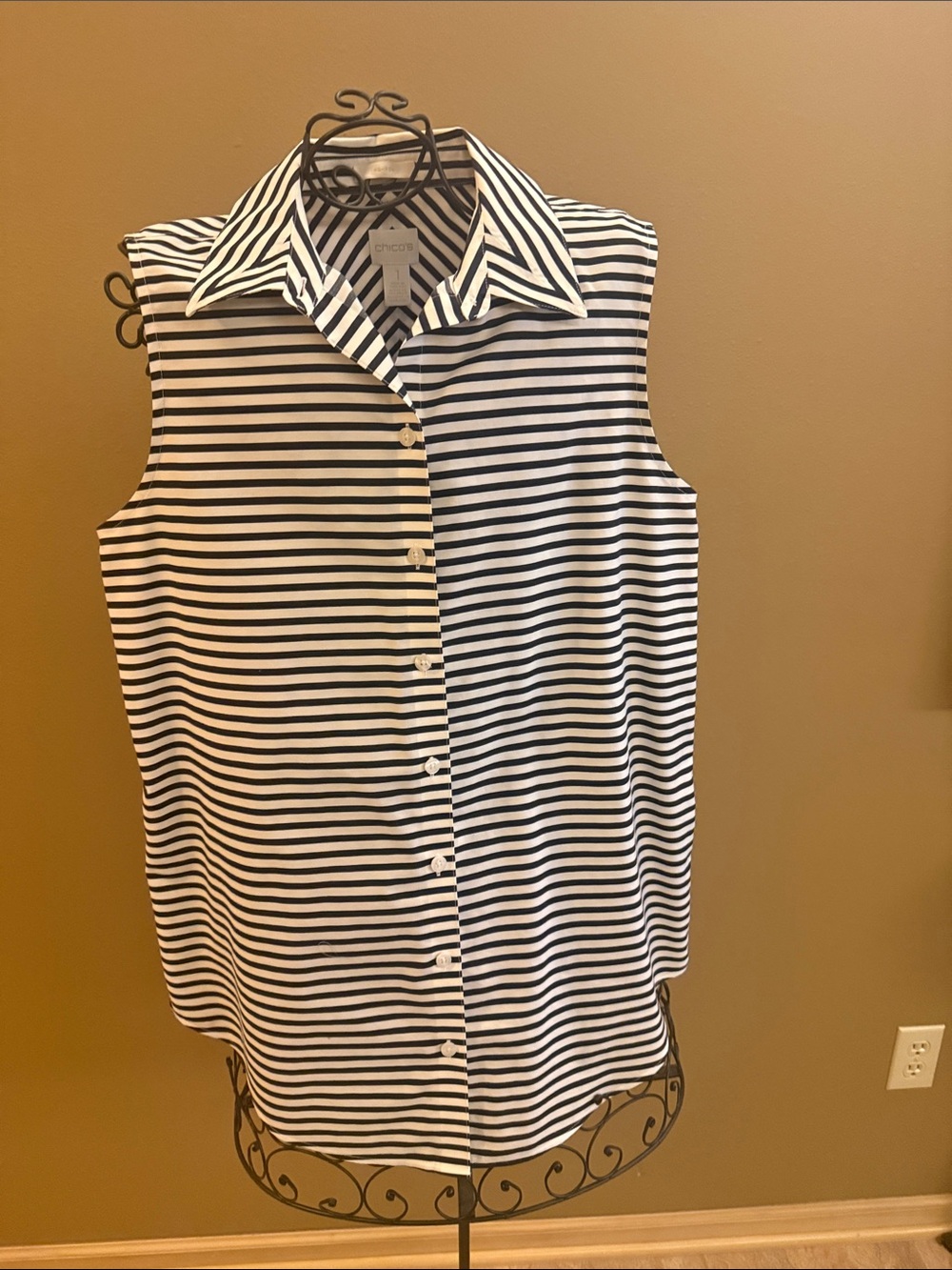Chico's Black and White Striped Sleeveless Button-Down Shirt